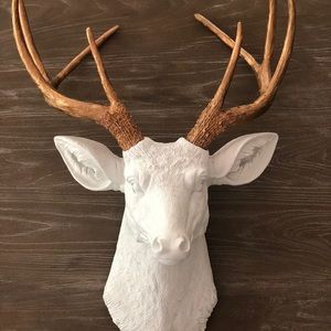 White Faux Taxidermy Deer head w/ gold antlers